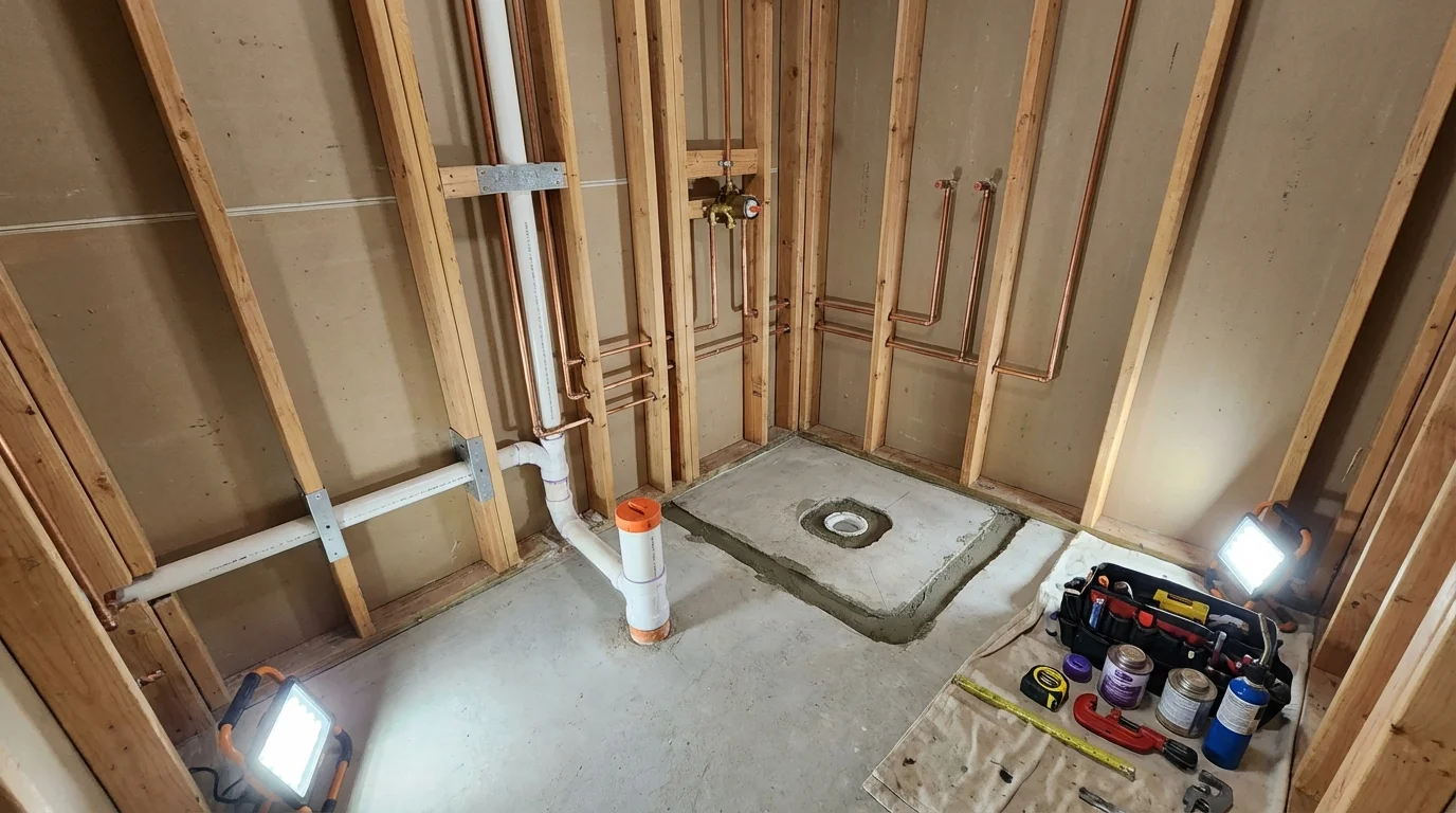 Bathroom rough-in plumbing during remodel by Johns Plumbing LLC in Browns Mills