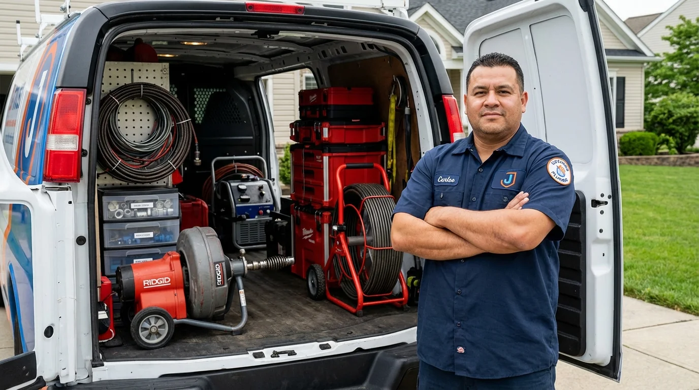 Professional drain cleaning equipment and Johns Plumbing LLC plumber in Browns Mills