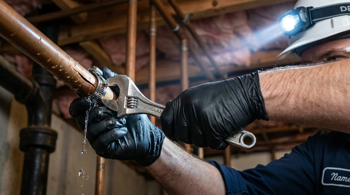 Emergency pipe clamp repair being performed by a Johns Plumbing LLC plumber in Browns Mills