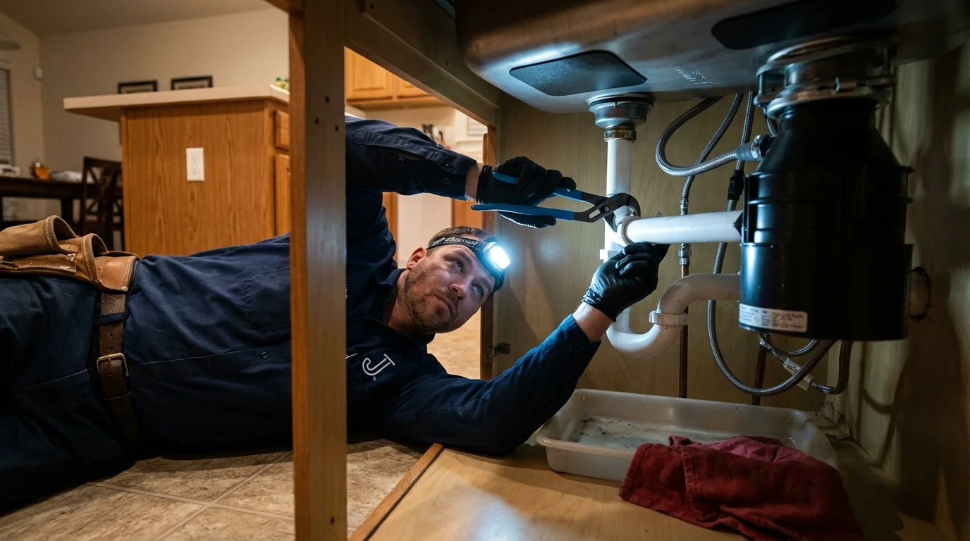 P-trap and supply line connections under a kitchen sink showing a common leak point in Browns Mills, NJ